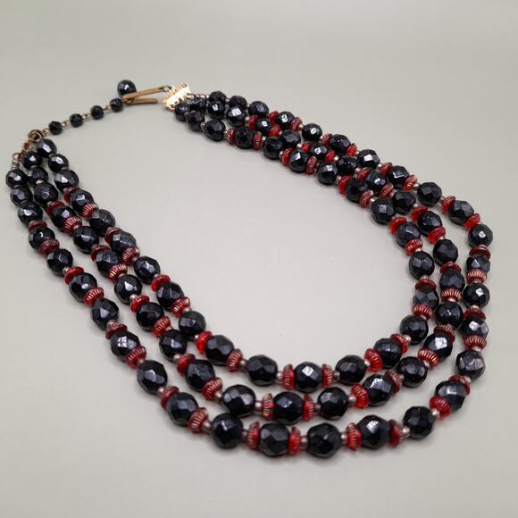 Vintage Western Germany Black Red Bead Necklace, 1950s, 15 Inch - Picture 10 of 13
